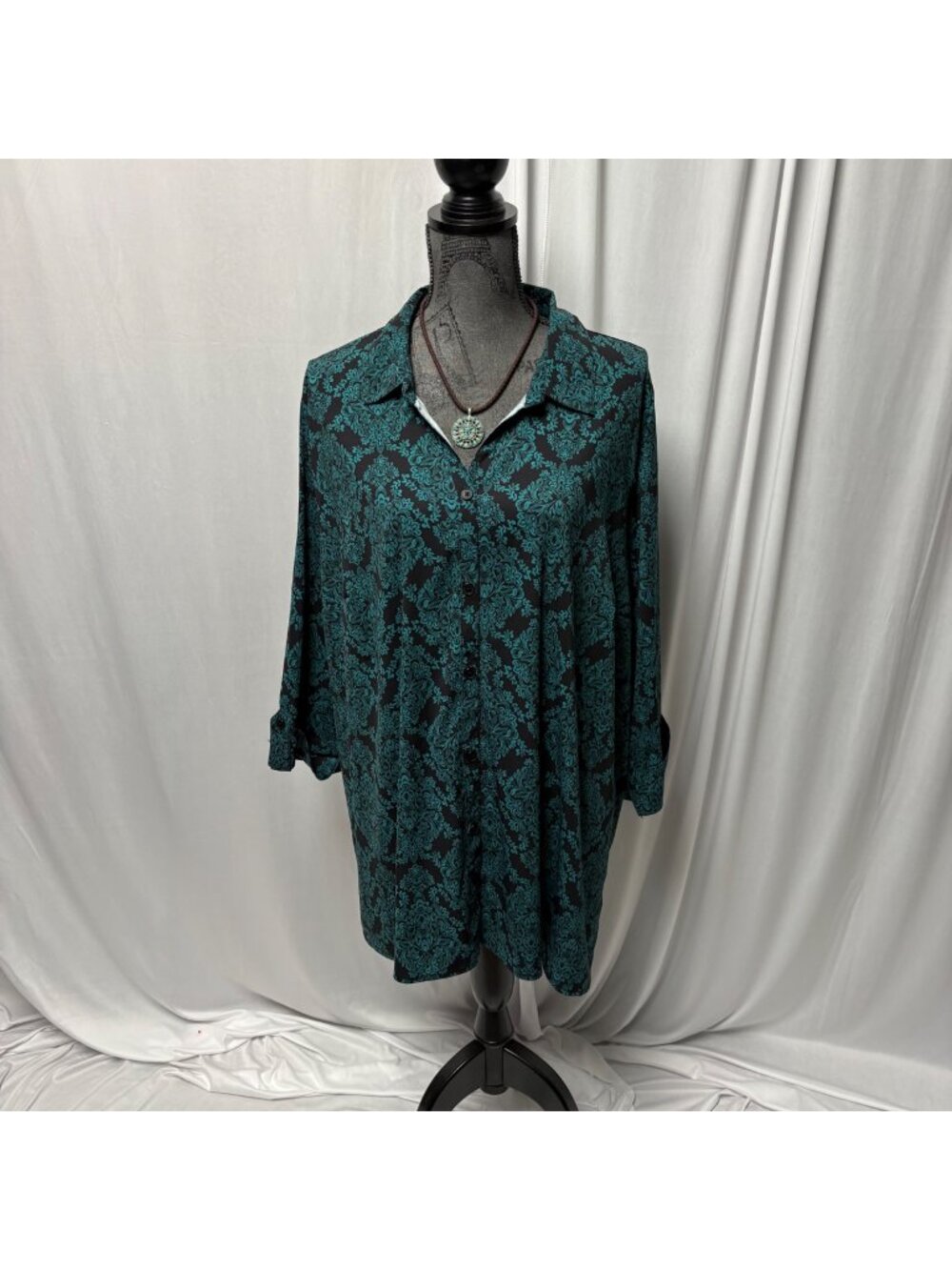 Catherines Button-Down Shirt Womens Size 2X Black Teal Floral Stretch Blouse